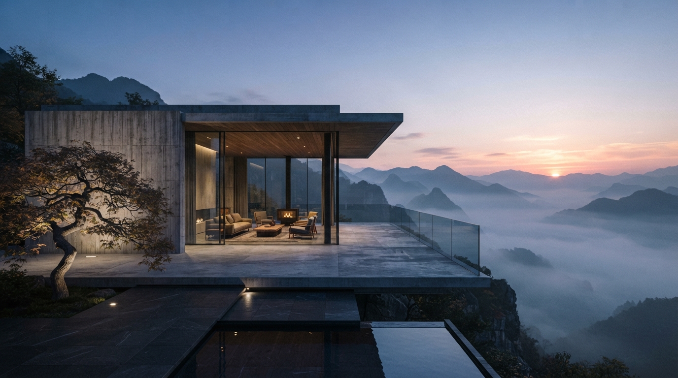 Monolithic architectural pavilion framing desert horizon