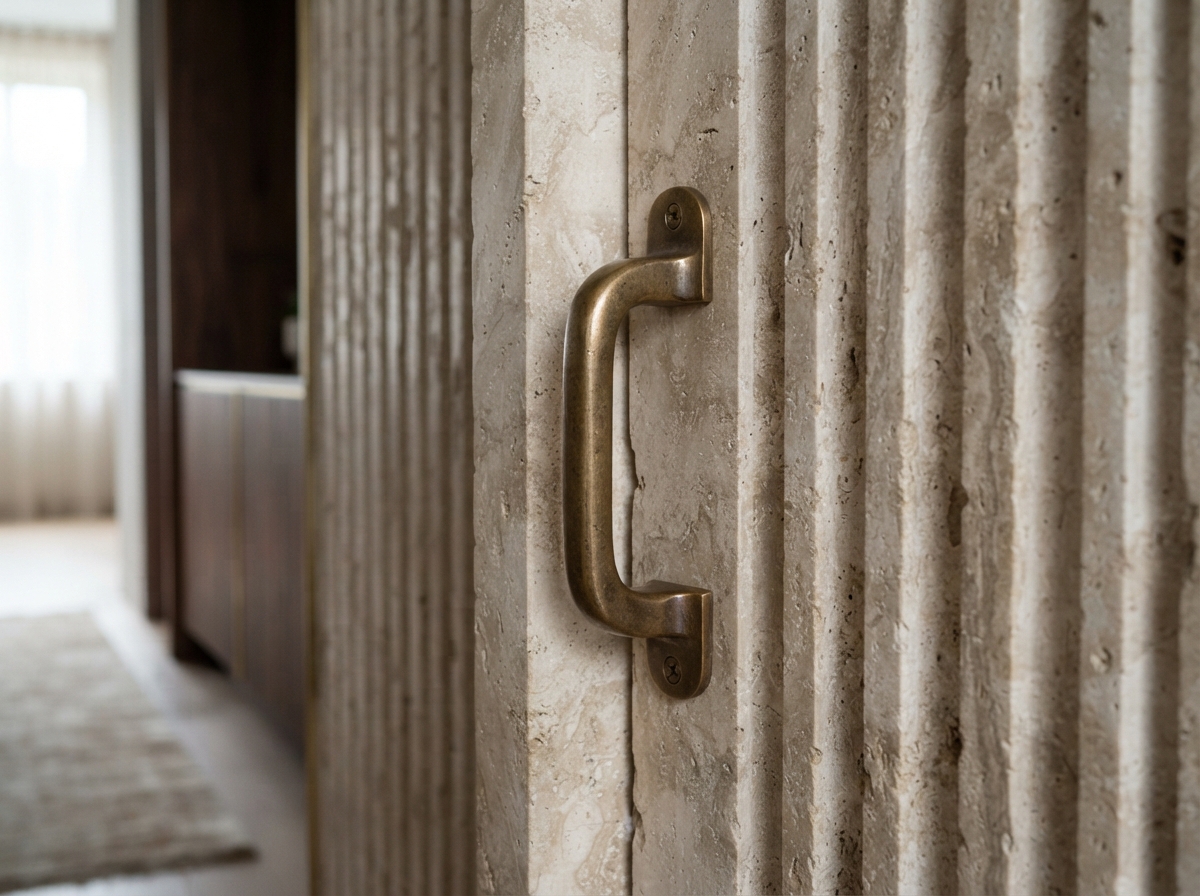 Fluted travertine texture and cast bronze hardware