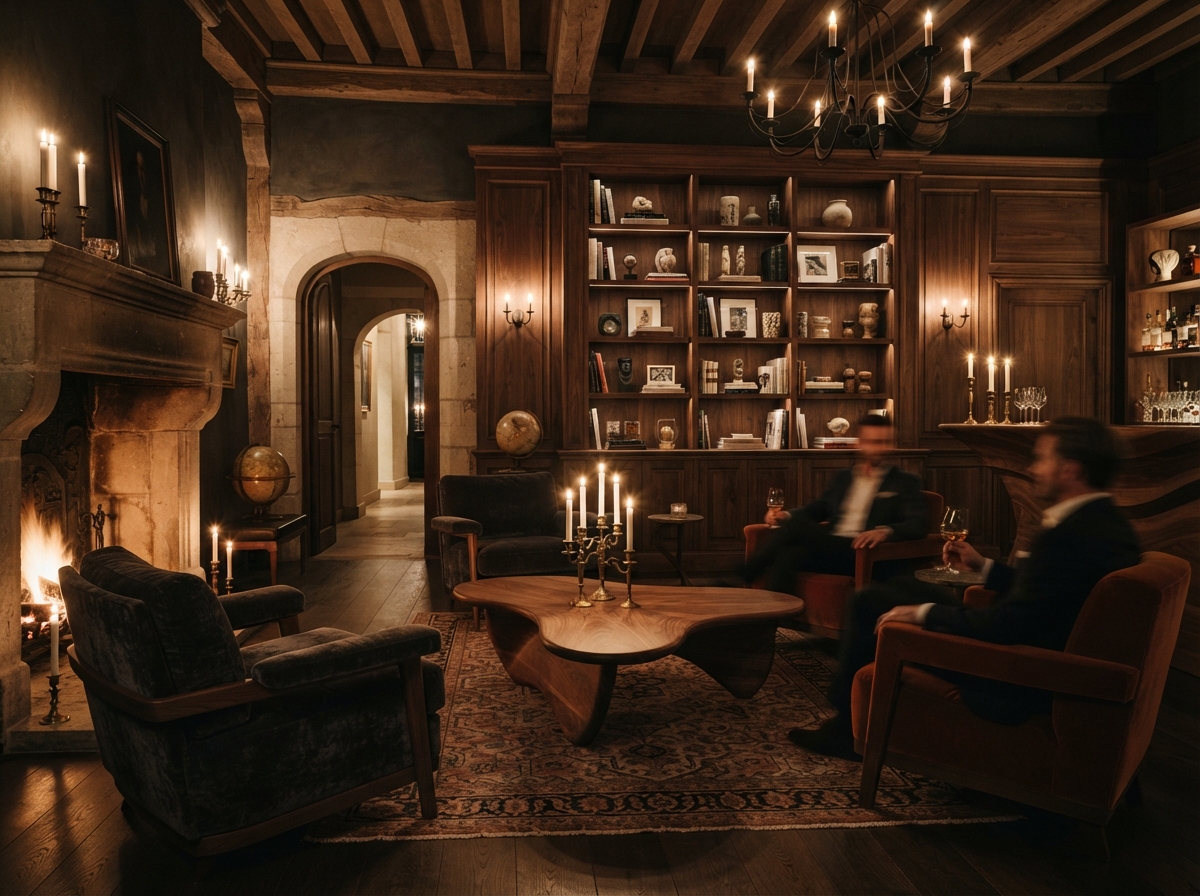 Architectural interior dusk ambiance with candlelight and bespoke sculptural seating
