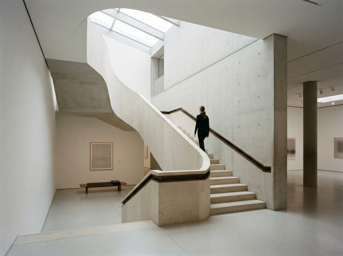 Minimalist stone stairwell and gallery